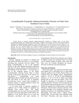 Lernanthropids (Copepoda: Siphonostomatoida), Parasitic on Fishes from Southeast Coast of India