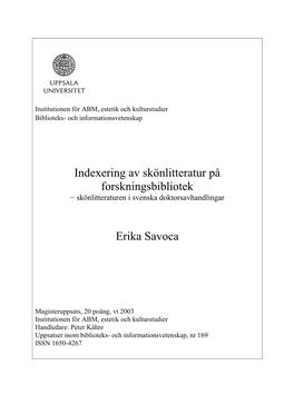 Indexering Av Skönlitteratur På Forskningsbibliotek Erika Savoca