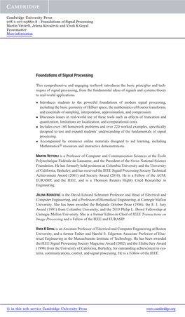 Foundations of Signal Processing Martin Vetterli, Jelena Kovačević and Vivek K Goyal Frontmatter More Information