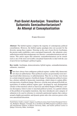 Post-Soviet Azerbaijan: Transition to Sultanistic Semiauthoritarianism? an Attempt at Conceptualization