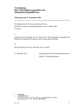 Verordnung Über Massnahmen Gegenüber Der Islamischen Republik Iran