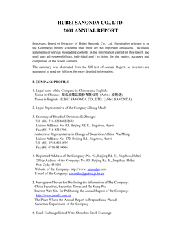 Hubei Sanonda Co., Ltd. 2001 Annual Report