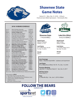 Shawnee State Game Notes FOLLOW the BEARS