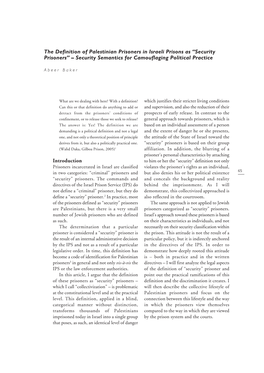 The Definition of Palestinian Prisoners in Israeli Prisons As “Security Prisoners” – Security Semantics for Camouflaging Political Practice