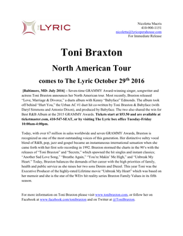 Toni Braxton North American Tour Comes to the Lyric October 29Th 2016