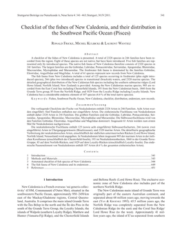 Checklist of the Fishes of New Caledonia, and Their Distribution in the Southwest Pacific Ocean