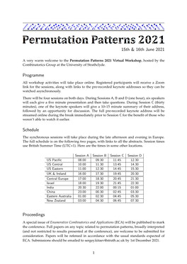 Permutation Patterns 2021 Virtual Workshop, Hosted by the Combinatorics Group at the University of Strathclyde