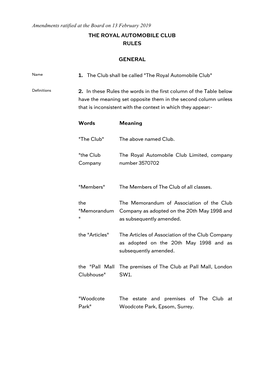 Amendments Ratified at the Board on 13 February 2019 the ROYAL AUTOMOBILE CLUB RULES