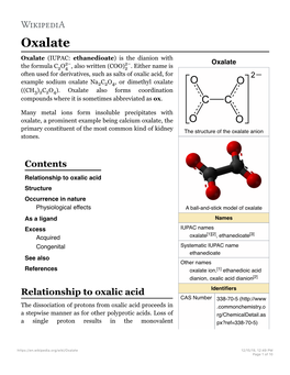 Oxalate Oxalate (IUPAC: Ethanedioate) Is the Dianion with 2− 2− Oxalate the Formula C2O4 , Also Written (COO)2