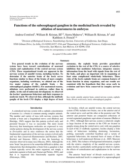 Functions of the Subesophageal Ganglion in the Medicinal Leech Revealed by Ablation of Neuromeres in Embryos Andrea Cornford1, William B