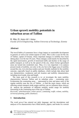 Urban Sprawl: Mobility Potentials in Suburban Areas of Tallinn