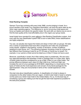 Hotel Ranking Template Samson Tours Has Contracts with Every Hotel, B&B, Country-Lodging in Israel. As a Proud Member Of