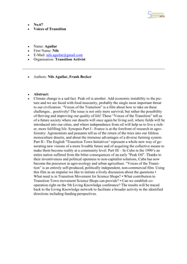 No.67 Voices of Transition Name: Aguilar First Name: Nils E-Mail: Nils