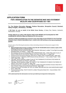 Application Form for a Modification to the Definitive Map and Statement Wildlife and Countryside Act 1981