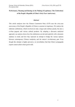 Performance, Meaning and Ideology in the Making of Legitimacy: the Celebrations of the People’S Republic of China’S Sixty-Year Anniversary