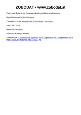 XV International Symposium on Zygaenidae 11–18 September