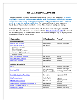 Fall 2021 FIELD PLACEMENTS