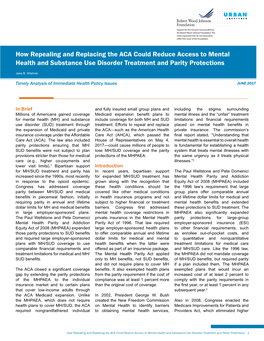 How Repealing and Replacing the ACA Could Reduce Access to Mental Health and Substance Use Disorder Treatment and Parity Protections