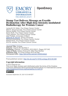 Stamp Test Delivers Message on Erectile Dysfunction After High-Dose Intensity-Modulated Radiotherapy for Prostate Cancer Lanea M