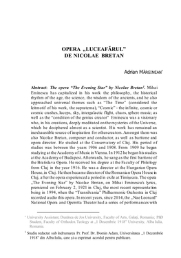 Opera „Luceafărul” De Nicolae Bretan