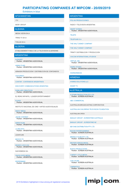 PARTICIPATING COMPANIES at MIPCOM - 20/09/2019 Exhibitors in Blue