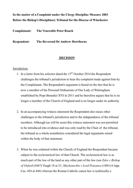 In the Matter of a Complaint Under the Clergy Discipline Measure 2003 Before the Bishop's Disciplinary Tribunal for the Diocese of Winchester
