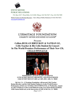 FINAL Press Release L'ermitage Foundation Presents Cellists