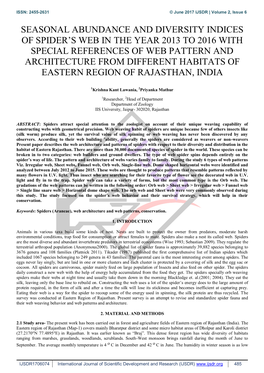 Seasonal Abundance and Diversity Indices of Spider's Web in the Year 2013 to 2016 with Special References of Web Pattern and A