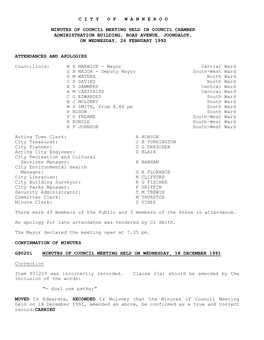 Minutes of Council Meeting Held in Council Chamber Administration Building, Boas Avenue, Joondalup, on Wednesday, 26 February 1992