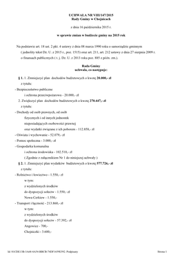 Uchwala Nr VIII/147/2015 Z Dnia 16 Pazdziernika 2015 R