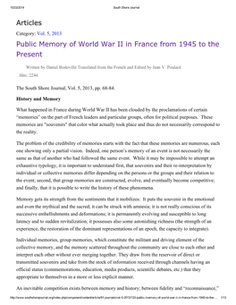 Articles Public Memory of World War II in France from 1945 to the Present