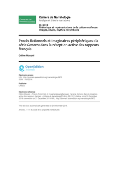 Cahiers De Narratologie, 36 | 2019 Procès Fictionnels Et Imaginaires Périphériques : La Série Gomorra Dans La Ré