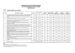 PLANNING DE PASSATION DES MARCHES DE LA REPUBLIQUE DE CÔTE D'ivoire GESTION 2014 Année : Ministère / ICONSEIL REGIONAL DE LA BAGOUE