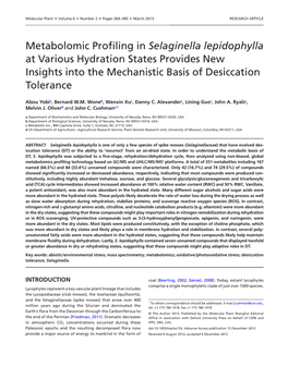 Selaginella Lepidophylla at Various Hydration States Provides New Insights Into the Mechanistic Basis of Desiccation Tolerance