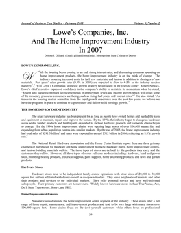 Lowe‟S Companies, Inc. and the Home Improvement Industry in 2007 Debora J