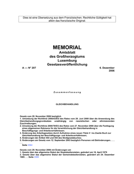 MEMORIAL Amtsblatt Des Großherzogtums Luxemburg Gesetzesveröffentlichung a –– N° 207 6