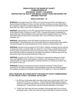 Resolution of the Board of County Commissioners of San Miguel County, Colorado Restricting the Use of San Miguel County Road K68 During the Imogene Pass Run