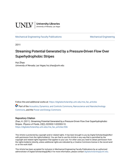 Streaming Potential Generated by a Pressure-Driven Flow Over Superhydrophobic Stripes