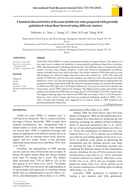 Chemical Characteristics of Korean Turbid Rice Wine Prepared with Partially Gelatinized Wheat Flour Brewed Using Different Starters