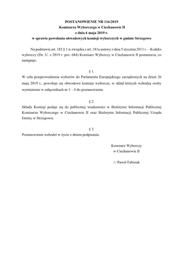 POSTANOWIENIE NR 116/2019 Komisarza Wyborczego W Ciechanowie II Z Dnia 6 Maja 2019 R