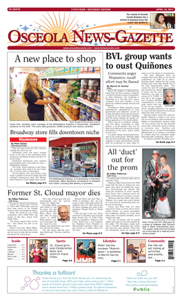 OSCEOLA NEWS-GAZETTE • a New Place to Shop BVL Group Wants to Oust Quiñones Order to Run for District 2 Commissioner