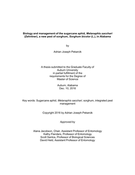 Biology and Management of the Sugarcane Aphid, Melanaphis Sacchari (Zehntner), a New Pest of Sorghum, Sorghum Bicolor (L.), in Alabama