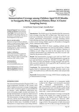 Immunization Coverage Among Children Aged 12-23 Months in Surajgarha Block, Lakhisarai District, Bihar: a Cluster Sampling Survey