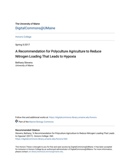 A Recommendation for Polyculture Agriculture to Reduce Nitrogen Loading That Leads to Hypoxia