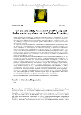 Post Closure Safety Assessment and Pre-Disposal Radiomonitoring of Anarak Near Surface Repository