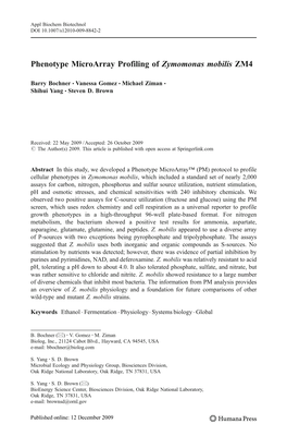 Phenotype Microarray Profiling of Zymomonas Mobilis ZM4