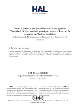 Some Tydeus Mites (Acariformes: Prostigmata: Tydeidae) of Kermanshah Province, Western Iran, with Remarks on Tydeus Caudatus M