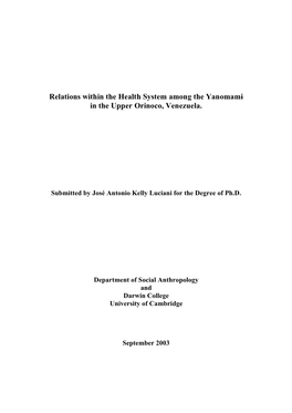 Relations Within the Health System Among the Yanomami in the Upper Orinoco, Venezuela