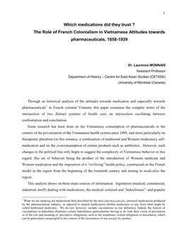 The Role of French Colonialism in Vietnamese Attitudes Towards Pharmaceuticals, 1858-1939