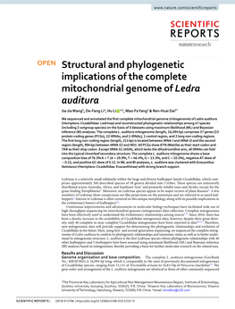 Structural and Phylogenetic Implications of the Complete Mitochondrial Genome of Ledra Auditura Jia-Jia Wang1, De-Fang Li1, Hu Li 1,2, Mao-Fa Yang1 & Ren-Huai Dai1*